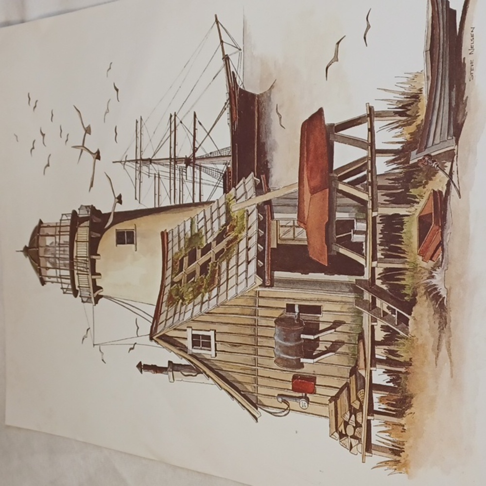 vintage coastal lighthouse nautical lithograph print seaside cottage wall art